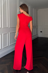 Donna Asymmetric Neckline Jumpsuit Red