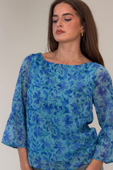 Deborah Frill Sleeve Round Neck Blouse Blue