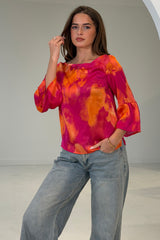 Deborah Frill Sleeve Round Neck Blouse Red