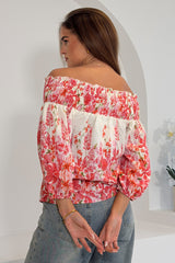 Candace Shirred Bardot Pink Floral Top