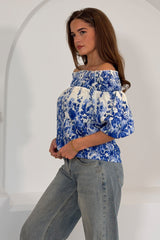Candace Shirred Bardot Blue Floral Top
