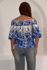 Candace Shirred Bardot Blue Floral Top