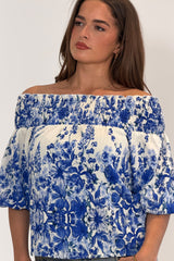Candace Shirred Bardot Blue Floral Top
