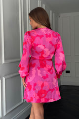 Jenny Long Sleeve Wrap Mini Dress Pink Floral
