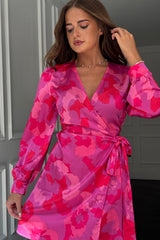 Jenny Long Sleeve Wrap Mini Dress Pink Floral
