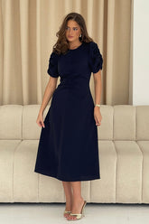 Aileen Ruched Detail Puff Sleeve Midi Dress Navy