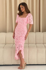 Heidi Pink Lace Ruched Midi Dress