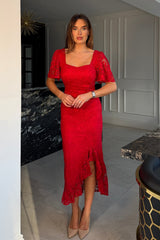 Heidi Red Lace Ruched Midi Dress