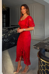 Heidi Red Lace Ruched Midi Dress