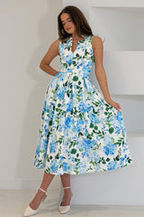 Ameya Notch Neck Sleeveless Midi Dress Blue Floral