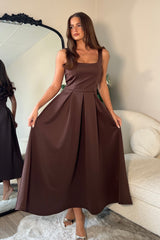 Erica Square Neck Pleated Midi Dress Brown