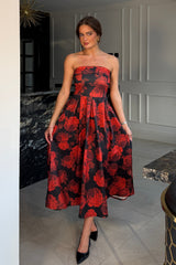 Danni Strapless Bandeau Midi Dress Red Floral