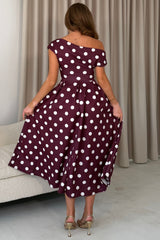 Betty Asymmetric Neckline Skater Midi Berry Polka