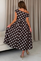 Betty Asymmetric Neckline Skater Midi Brown Polka