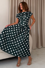 Betty Asymmetric Neckline Skater Midi Green Polka