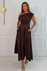 Betty Asymmetric Neckline Skater Midi Brown
