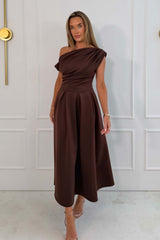 Betty Asymmetric Neckline Skater Midi Brown