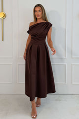 Betty Asymmetric Neckline Skater Midi Brown