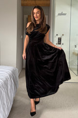 Betty Asymmetric Neckline Skater Midi Black Velvet