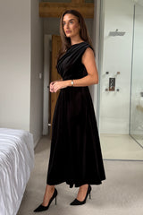 Betty Asymmetric Neckline Skater Midi Black Velvet