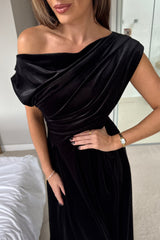 Betty Asymmetric Neckline Skater Midi Black Velvet