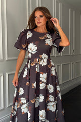 Elowin Statement Sleeve Skater Midi Dress Brown Floral