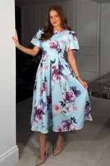 Elowin Statement Sleeve Skater Midi Dress Blue Floral