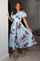 Elowin Statement Sleeve Skater Midi Dress Blue Floral