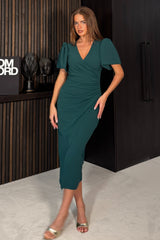 Freya Puff Sleeve Wrap Neck Ruched Midi Green