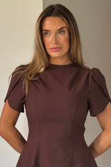Ami Tulip Sleeve High Neck Mini Dress Brown