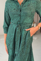 Angela Long Sleeve Maxi Shirt Dress Green Animal