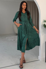Angela Long Sleeve Maxi Shirt Dress Green Animal