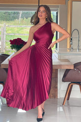 Aoife One Shoulder Pleated Midi Dress Berry