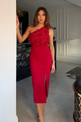 Gwyneth 3D Floral One Shoulder Midi Dress Red