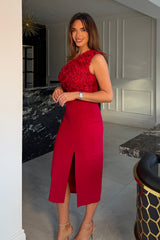 Gwyneth 3D Floral One Shoulder Midi Dress Red