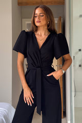 Drew Wrap Neck Puff Sleeve Jumpsuit Black