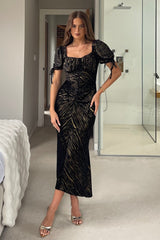 Dove Ruched Detail Velvet Midi Dress Black And Gold