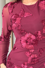 Elodie Floral Embroidered Mesh Bodycon Midi Dress Plum