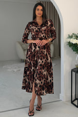 Angela Long Sleeve Maxi Shirt Dress Brown Animal Print