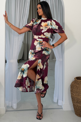 Lilith Plum Flower Puff Sleeve High Neck Midi Dress
