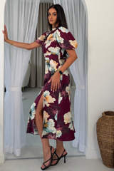 Lilith Plum Flower Puff Sleeve High Neck Midi Dress