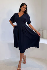 Laura V-Neck Short Sleeve Flowy Navy Midi Dress