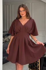 Laura V-Neck Short Sleeve Flowy Brown Mini Dress