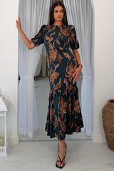Briege Green Puff Sleeve Floral Ruffle Hem Midi Dress