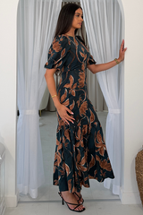 Briege Green Puff Sleeve Floral Ruffle Hem Midi Dress