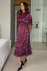 Kirsty Ruffle Hem Midi Dress Pink Leopard