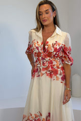 Holland Cream And Pink Floral Collar Midi Dress
