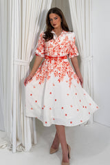 Holland Floral Border Print Midi Dress Orange