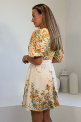 Azelia Puff Sleeve V Neck Mini Dress Yellow Floral