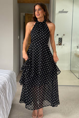 Iris Halterneck Layered Maxi Dress Black Spot Print